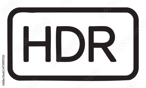 Black outline icon of the letters hdr inside a rounded rectangular box, representing high dynamic range technology.