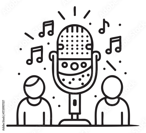 Simple black outline vector icon of a classic stand microphone surrounded by music notes with two abstract figures beside it.