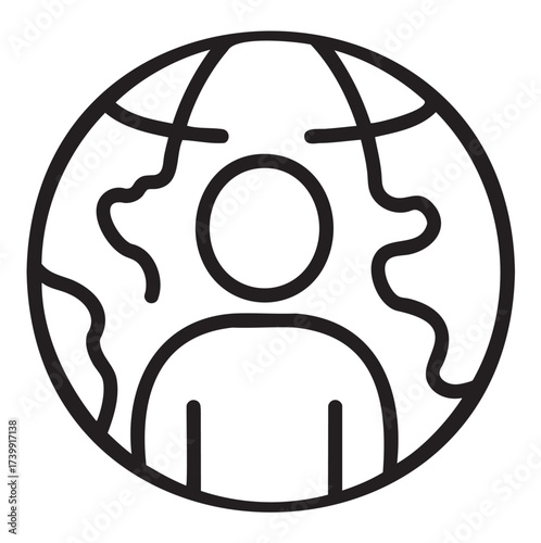 Black outline vector icon depicting a person within a globe, symbolizing global connection and communication.