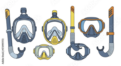 Set of various snorkeling masks and breathing tubes for diving.