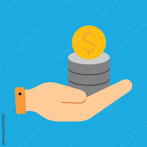 Modern flat design illustration of a hand holding a stack of coins, perfect for conveying ideas of financial success, saving money, investment, or making a payment