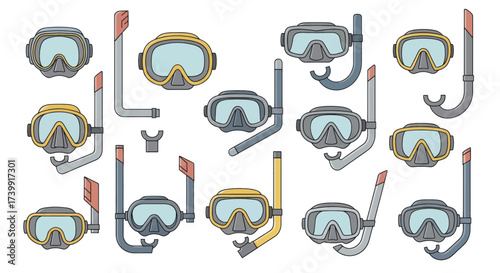 Set of snorkeling masks and breathing tubes for diving.