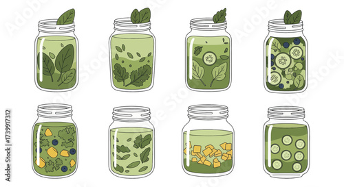 Set of healthy green smoothies in mason jars vector illustration.