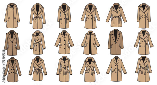 Set of womens beige trench coats vector illustration.
