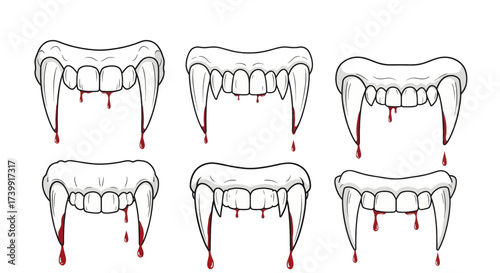 Collection of cartoon vampire fangs with dripping blood.