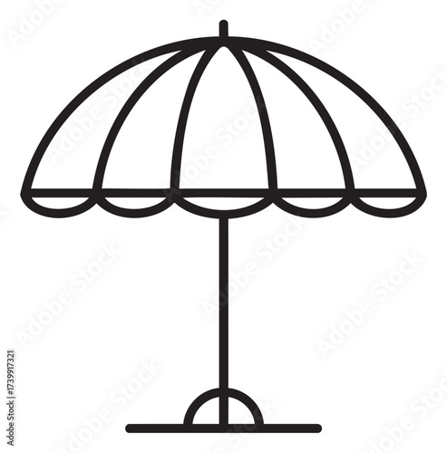 Black outline icon of a classic beach umbrella with a striped canopy and a solid pole, ideal for summer, vacation, and leisure concepts.