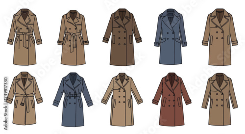 Vector set of classic womens trench coats in various colors.