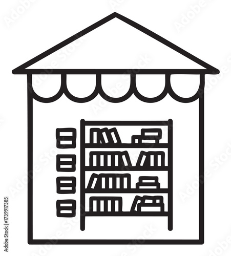 Black outline icon of a small library with bookshelves and an awning, suggesting a community book exchange or reading space.