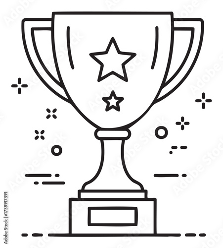 Black outline vector icon depicting a trophy with stars symbolizing achievement and success in competitions or events.
