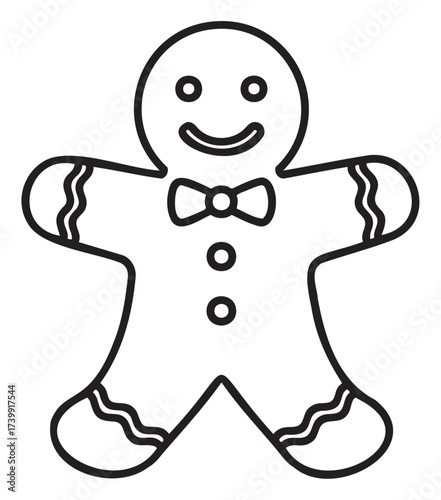 Black outline of a smiling gingerbread man cookie with details like buttons and a bow tie. simple festive design for holiday themes.