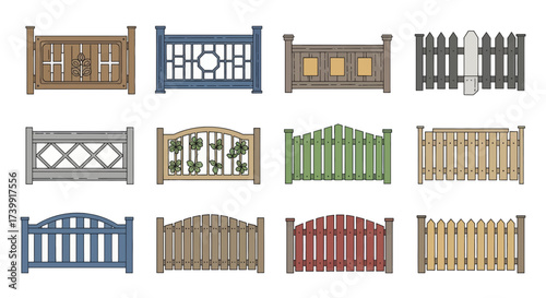Set of various wooden and decorative fence designs.