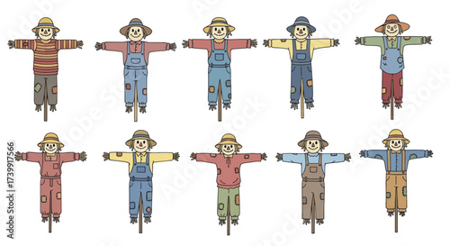 Set of ten cute cartoon scarecrows in various outfits.