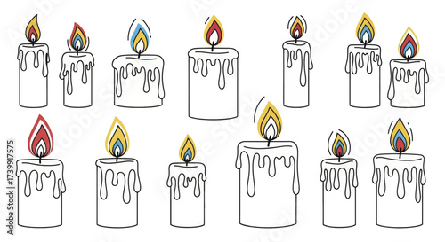 Collection of handdrawn burning candles with colorful flames.