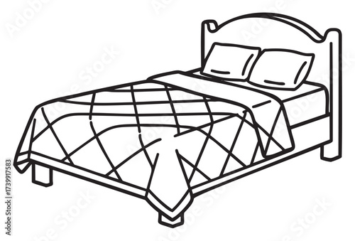 Black outline drawing of a neatly made bed with a checkered blanket and two pillows on a prominent headboard frame.