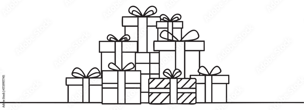 Obraz premium Black outline illustration of a pyramid of gift boxes with bows, neatly stacked and varying in size, set against a simple .