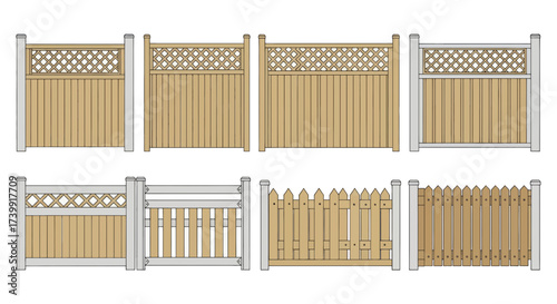Vector set of various wooden fence designs isolated on white background.