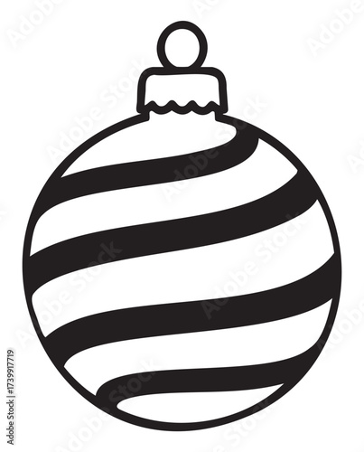 Black outline of a decorative christmas ornament with a wavy striped pattern and a loop on top.