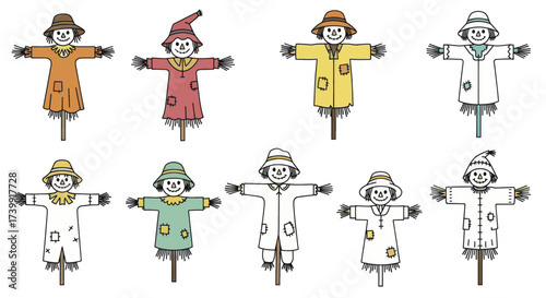Set of cute and colorful cartoon scarecrow illustrations.