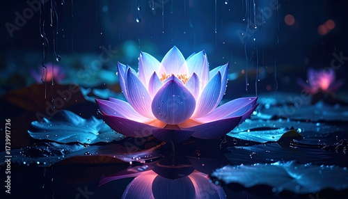 A luminescent lotus flower floats serenely on water, rain cascading, bathed in an ethereal, mystical glow. Dark, tranquil scene
