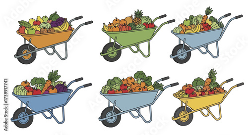Set of colorful wheelbarrows filled with a fresh harvest of fruits and vegetables.