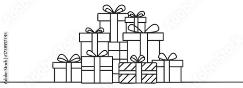 Black outline illustration of a pyramid of gift boxes with bows, neatly stacked and varying in size, set against a simple .