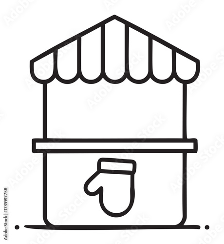 Black outline icon of a small market stall with a striped awning and a mitten sign on the front, ideal for commerce and seasonal themes.