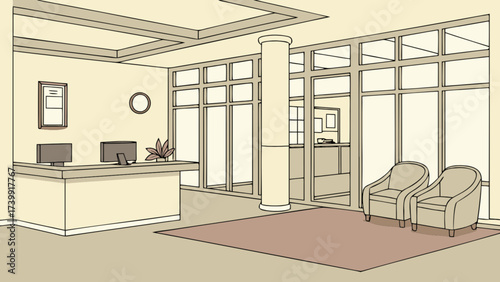 Illustration of a waiting area with chairs reception desk and large windows in a neutral color palette