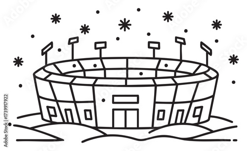 Black outline drawing of a large empty sports stadium with tall floodlights and decorative stars above, suggesting a nighttime setting.