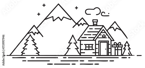 Black outline icon of a cozy cabin surrounded by pine trees and mountains, with a chimney and a large gift box beside it.