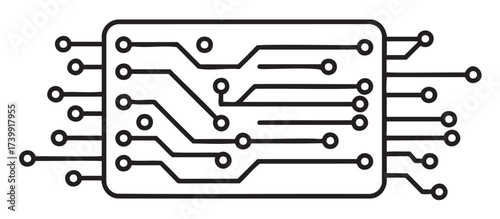 Black outline of a simple microchip with connected circuit lines, illustrating electronic connections and technology design.