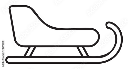 Black outline icon of a simple sled with curved runners and a seat, designed for winter activities and transportation on snow.