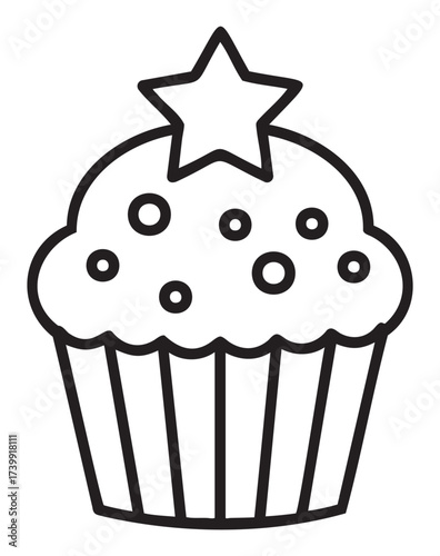 Black outline of a cupcake with circular decorations and a star on top, resembling a muffin with a simple design for culinary and celebration themes.