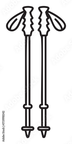 Black outline vector icon of a pair of retractable trekking poles with ergonomic grips and pointed tips for hiking and outdoor activities.