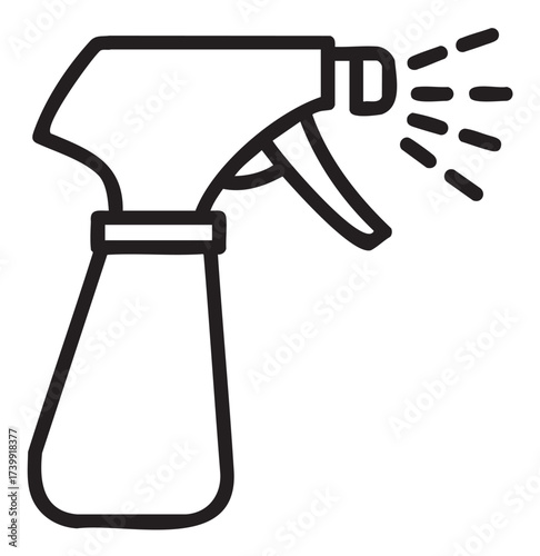 Black outline vector icon of a simple spray bottle with a trigger handle, shown in mid-spray.