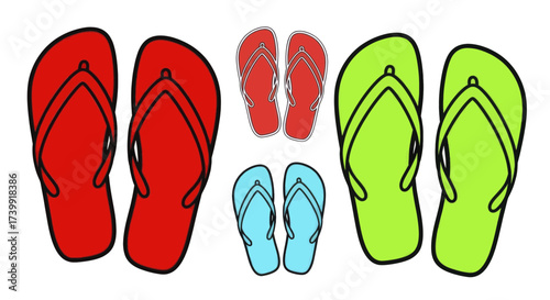 Collection of colorful cartoon flipflops in various sizes.
