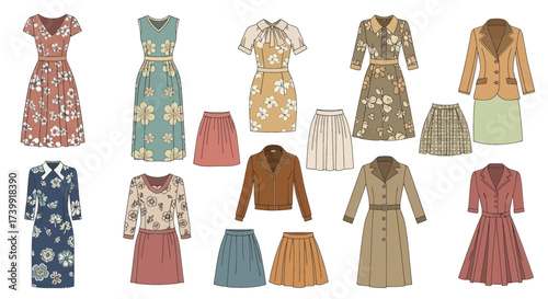 Illustrated Collection of Retro Womens Dresses Skirts and Jackets.