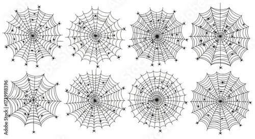 Set of black spiderwebs with spiders for Halloween decoration.