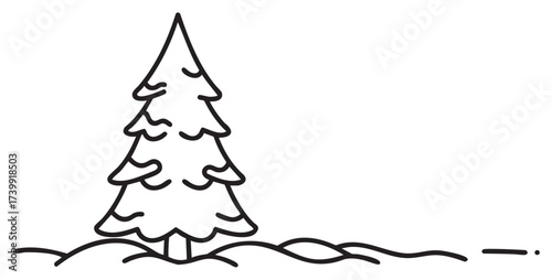 Black outline drawing of a simple evergreen tree standing in a wavy patch of snow, symbolizing winter and holiday themes.
