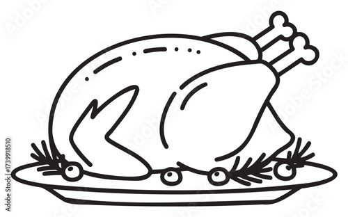 Black outline vector icon of a roasted turkey on a platter with garnish details, perfect for culinary, holiday, and celebration themes.