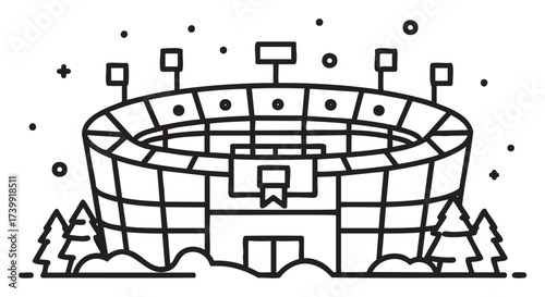 Black outline icon of a sports stadium with lights and surrounding trees, depicting an outdoor arena setting.