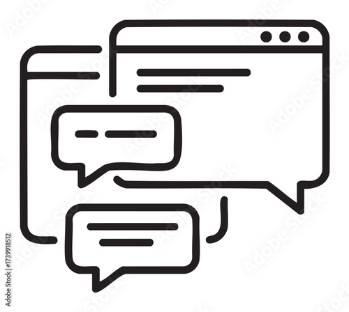 Black outline icon depicting multiple digital communication chat bubbles and web browser windows, representing online interaction and messaging.