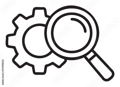 Black outline icon of a magnifying glass positioned over a gear, representing settings or search functionality in a technical context.