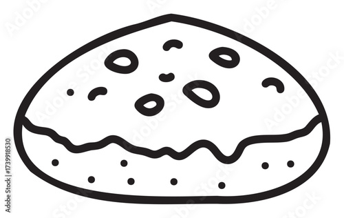 Black outline drawing of a round cookie with chocolate chips and a wavy edge on a .