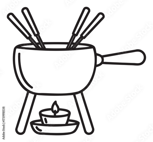 Black outline icon of a fondue pot on a stand with a lit candle, featuring four long forks. minimalist design for culinary and dining themes.