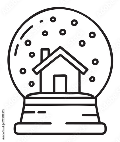 Black outline icon of a snow globe featuring a simple house design and snowfall inside. minimal linear illustration for holiday and winter concepts.