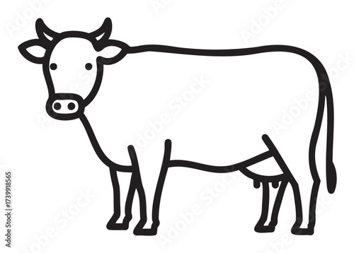 Black outline of a simple cow, showing full body with horns, tail, and distinct udders, suitable for farm and agriculture themes.