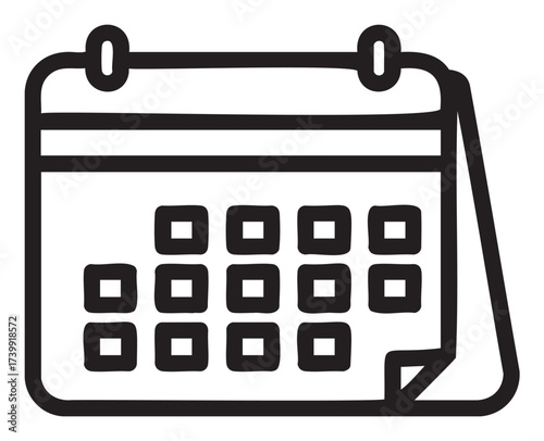 Black outline icon of a simple calendar with binding rings, showing a grid of squares to represent days and a flipped corner for month transition.