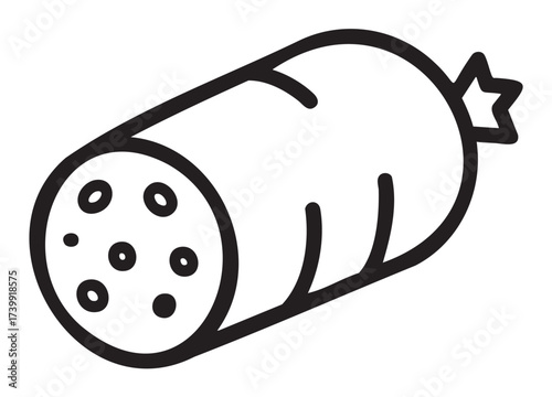 Black outline of a cylindrical sausage with visible slices and a star-shaped end decoration, representing simplicity in food design.
