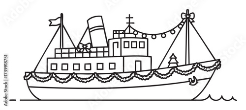 Black outline drawing of a festive ship adorned with holiday decorations, including garlands, lights, and a christmas tree.