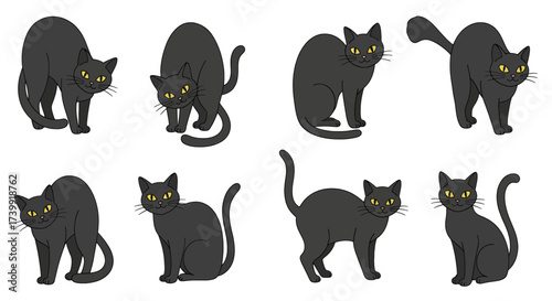 A collection of eight black cats with yellow eyes in various poses isolated on a white background.